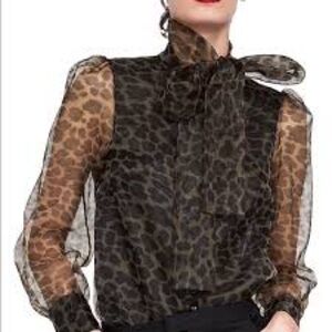 Zara Sheer Leopard Bow-Tie Blouse in Black and Brown